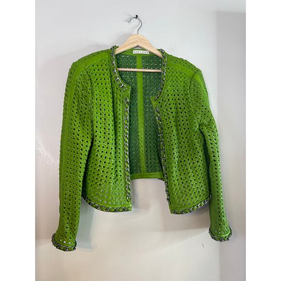 NEW Alice + Olivia Brixton Woven Lamb Leather Cropped Boxy Fit Jacket Green - Picture 2 of 8